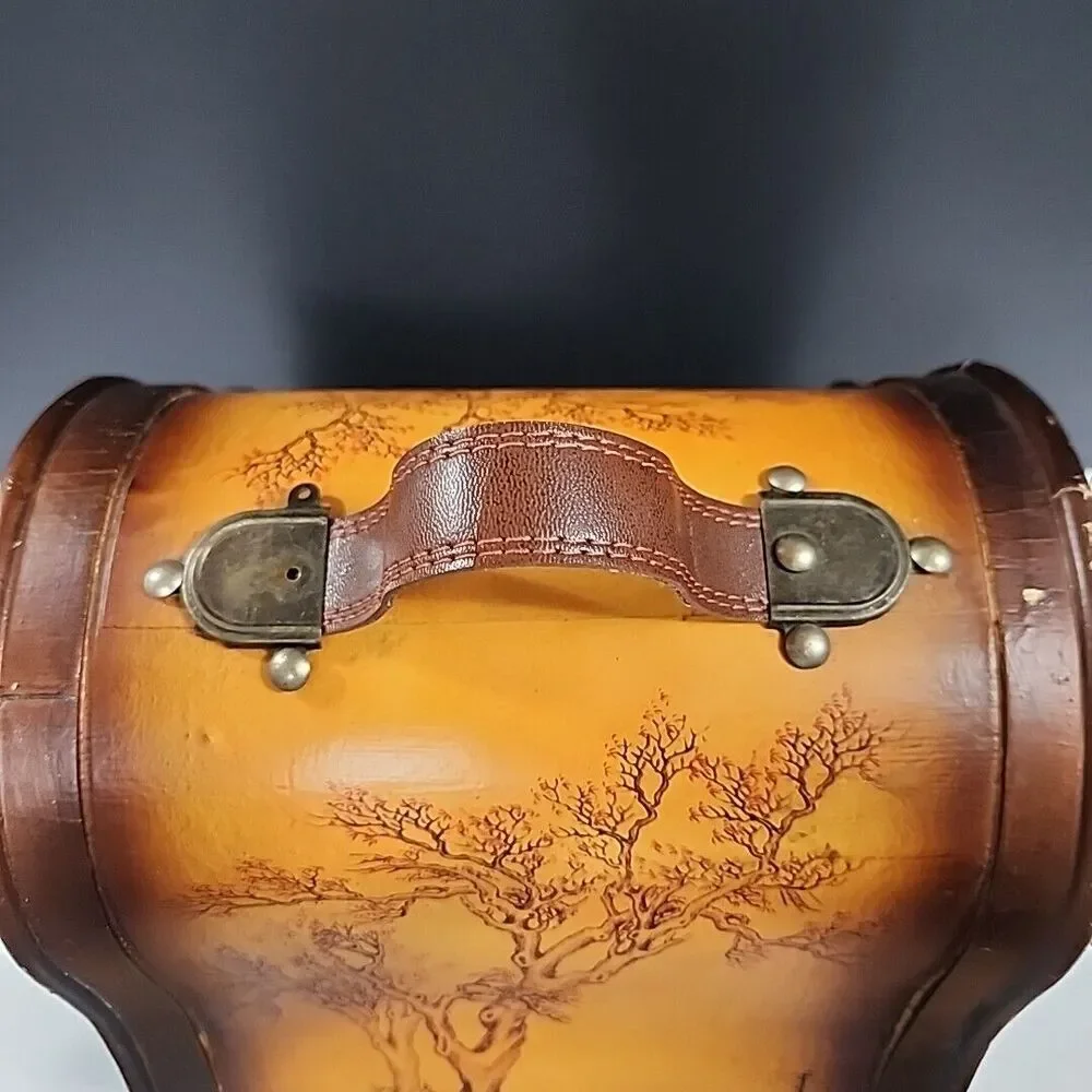 vintage Wooden Wine Caddy With Leather Handle Oriental Tree Art Work Very Unique